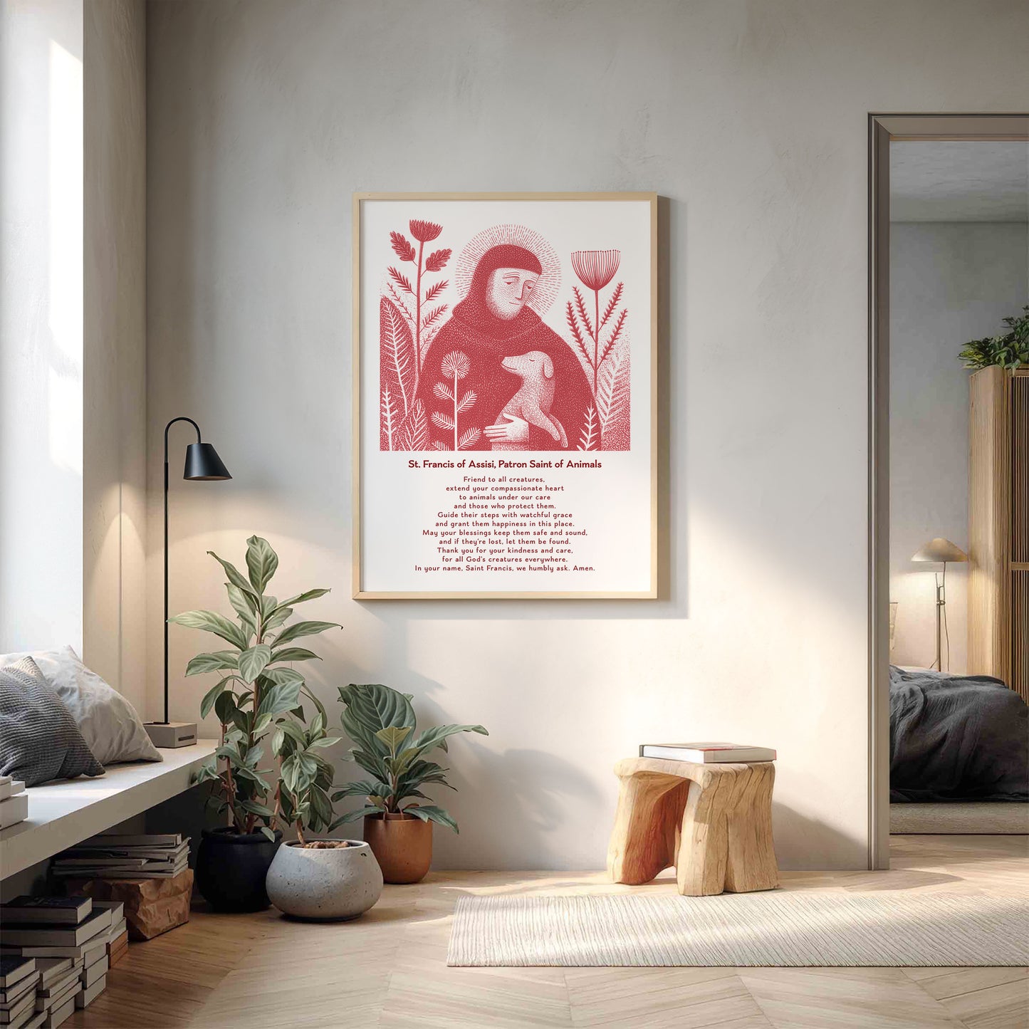 St Francis with Dog Art Print - Red interior mockup 15 - p_9_franc_dog_0006_Layer 3