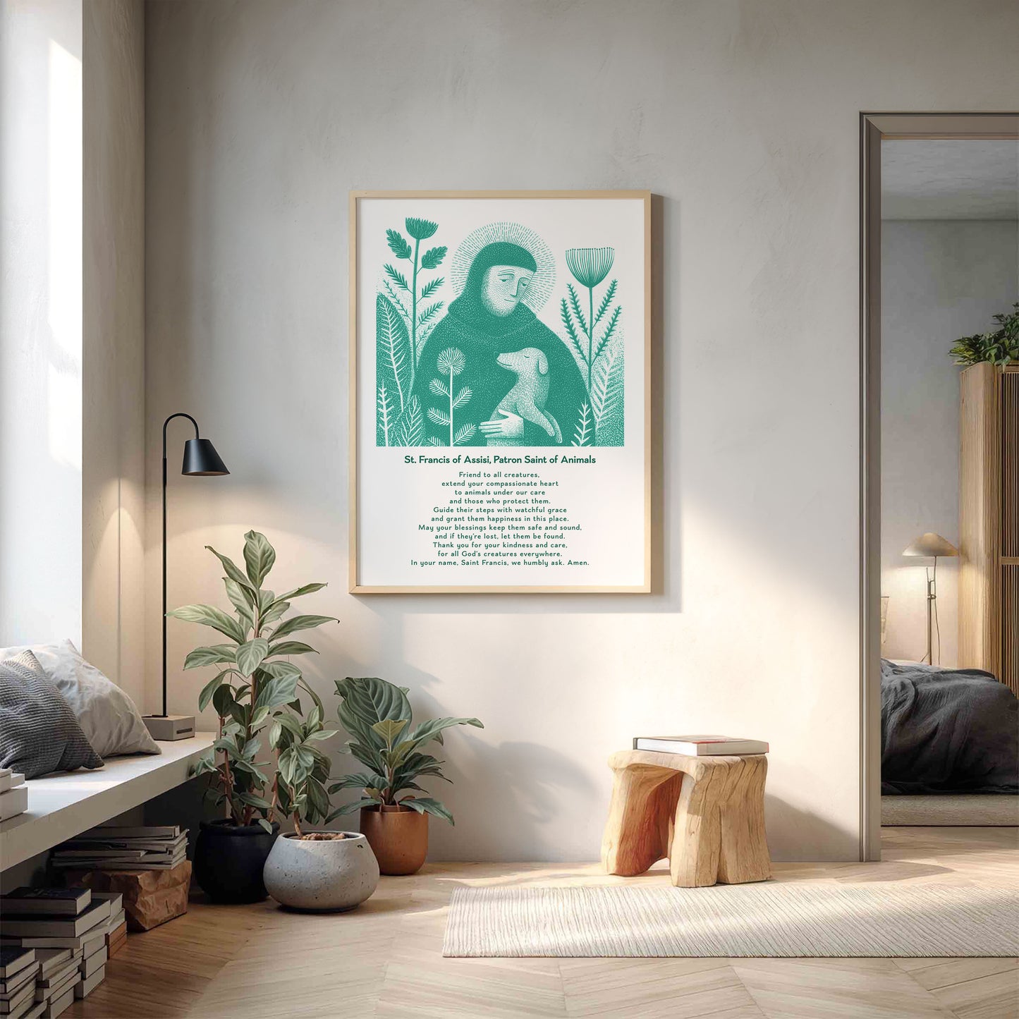 St Francis with Dog Art Print - Teal interior mockup 16 - p_9_franc_dog_0007_Layer 2