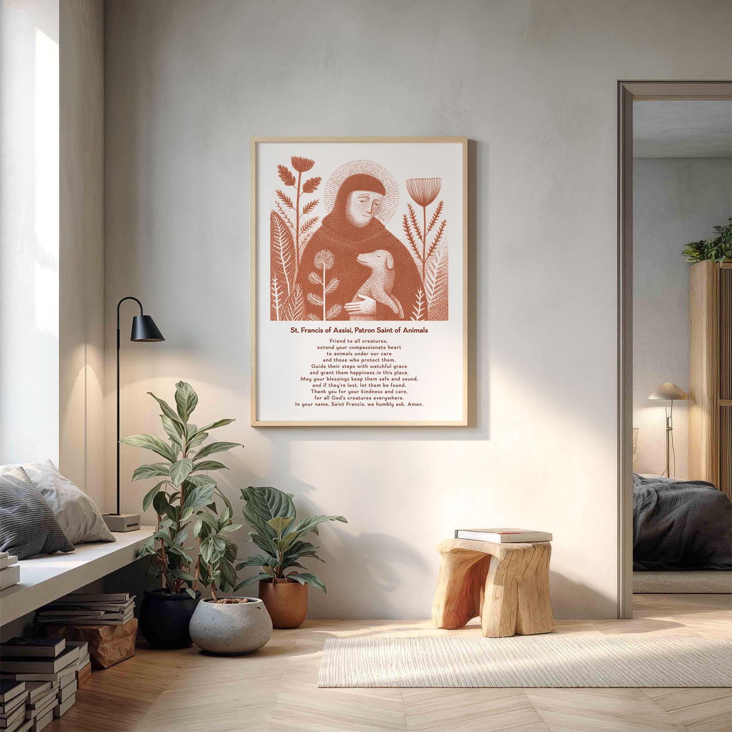 St Francis with Dog Art Print - Terracotta interior mockup 12 - p_9_franc_dog_0008_Layer 1