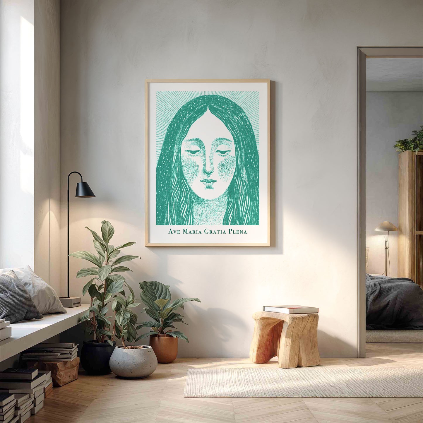 Virgin Mary Art Print - Teal interior mockup 14 - p_9_maria_0007_Layer 2