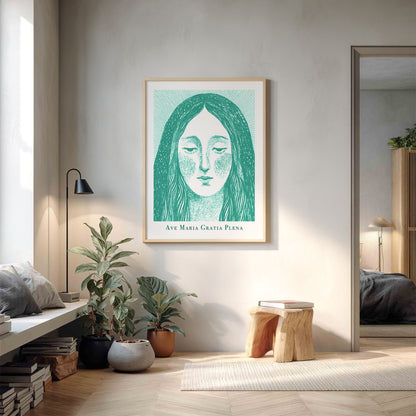 Virgin Mary Art Print - Teal interior mockup 14 - p_9_maria_0007_Layer 2